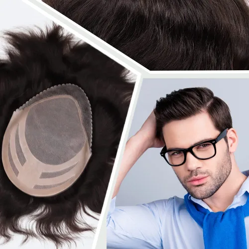 Miniatura 15 de Pelucas para hombre, tupé para hombre, unidad de tejido de cabello humano virgen europeo para hombre, tupé, mono encaje superior, piel sintética, 1B