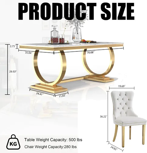 Miniatura 2 de Juego de mesa de comedor de 7 piezas, mesa de cocina de lujo de mármol sintético blanco de 70 pulgadas y 6 sillas copetudas de terciopelo beige
