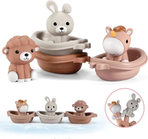 Nueplay Juguetes de Bañera para Niños Pequeños de 18 Meses+, Juguetes de Baño para Bebés con Marionetas de Animales para Dedos, Barco y Tren