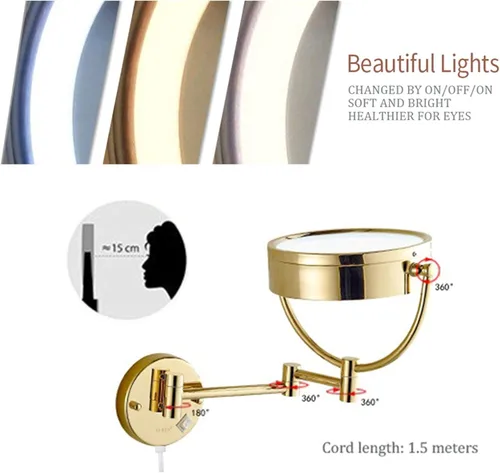 Miniatura 3 de Gold Wall-Mounted Makeup Mirror,8 inch Magnifying Double Sided Led Lighted Mirror,Extendable 360° Swivel Shaving Cosmetic Vanity Mirror with Plug