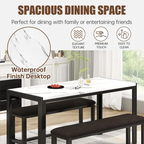 Miniatura 5 de Recaceik Juego de mesa de comedor para 4 personas con bancos tapizados de piel sintética, juego de mesa de comedor de mármol sintético para 4-6