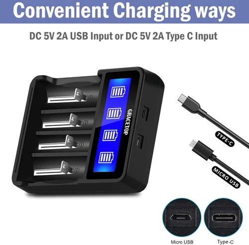 Miniatura 5 de Cargador de batería 18650 Pantalla LCD de 4 bahías para batería recargable de 3.7 V/1.2 V para baterías de iones de litio 18650 14500