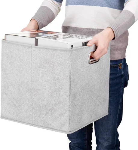 Miniatura 2 de QY-SC07-3 - Cubos de almacenamiento de tela plegables de 13 pulgadas, color gris y blanco, cajas de almacenamiento plegables para organizador