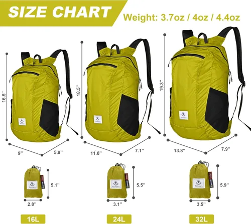 Miniatura 3 de Mochila 4Monster de excursionismo, de día, resistente al agua, ligera, plegable, para viajes, campamento, exteriores Amarillo Verde