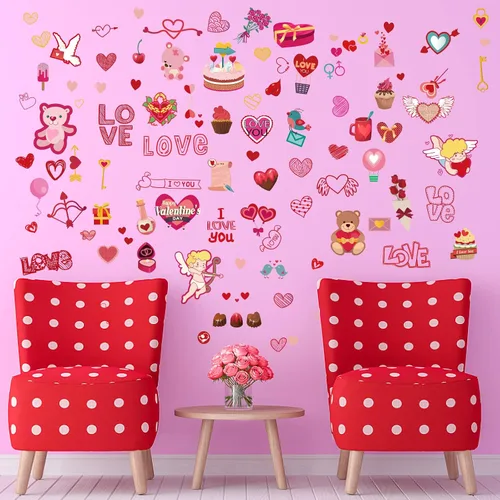 Miniatura 4 de SUPERDANT Calcomanías de Pared para el Día de San Valentín Lindo Ángel Osito Corazón Romántico Decoración de Pared Calcomanías de Arte de Pared