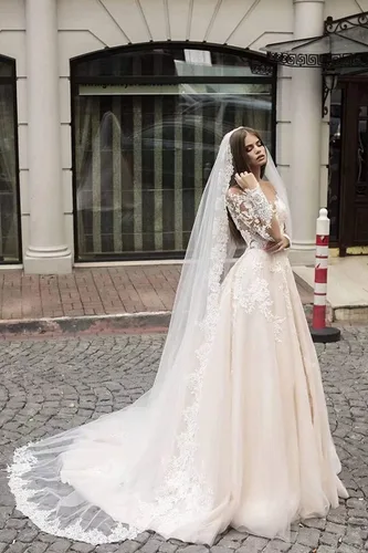 Miniatura 8 de Vestidos de novia de encaje para novia apliques de tul vestido de baile de manga larga vestido de novia de satén vestido de novia de sirena de noche