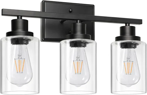 Miniatura 9 de Ascher Lámparas de Vanidad de Baño, 3 Apliques de Pared de Luz con Pantalla de Vidrio Transparente, Luces de Pared Negras para Espejo, Cocina, Sala