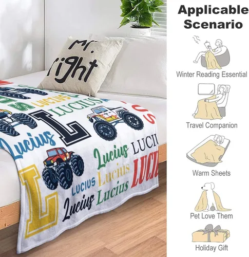 Miniatura 3 de Artsadd Manta personalizada con nombre, diseño de camiones monstruo, manta de bebé para niñas, niños pequeños, manta de cochecito recién nacido