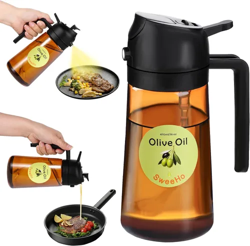 Pulverizador de aceite para cocinar, rociador de aceite de oliva de cocina de 15.9 fl oz y dispensador de aceite 2 en 1, botella de aceite de vidrio