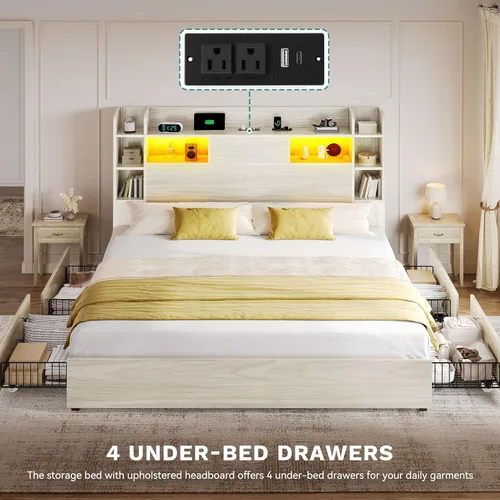 Miniatura 7 de DWVO King Size Bed Frame with Tall Bookcase Headboard and 4 Storage Drawers, RGB LED Bed Frame with Type-C & USB Charging Station Storage Headboard