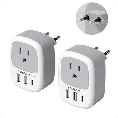 Paquete de 2 adaptadores de enchufe de viaje europeo, TESSAN adaptador de enchufe de EE. UU. a Europa con 3 puertos USB (1 USB C), toma de corriente