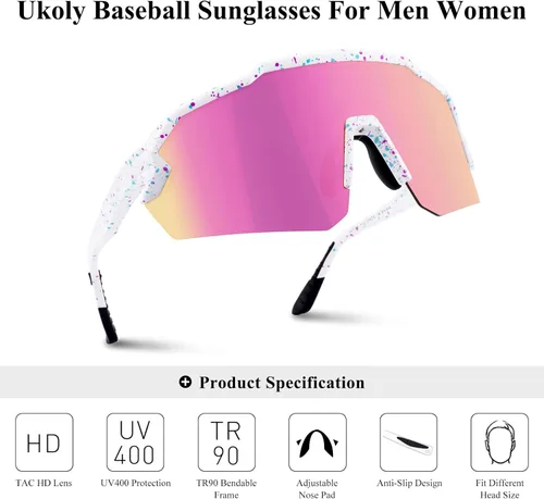 Miniatura 7 de Ukoly Gafas de sol de béisbol para hombres y mujeres, gafas de sol deportivas para béisbol, correr, ciclismo, protección UV400, TR90, marco 615