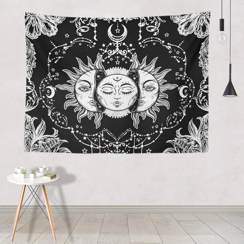 Miniatura 4 de Ftuency Tapiz de sol y luna, tapices en blanco y negro, sol ardiente místico con estrella, decoración para colgar en la pared para dormitorio