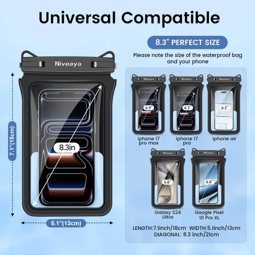 Miniatura 4 de Niveaya Bolsa impermeable para teléfono con doble espacio - 2 unidades, funda impermeable con cordón para iPhone 16/15/14/13/12 Pro Max hasta 8.3