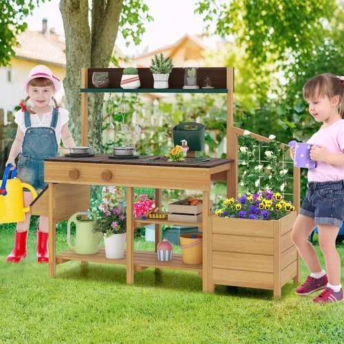 Miniatura 9 de Costzon Cocina de barro, banco de madera para macetas para niños con grifo extraíble, fregadero, estufas, pomos de rotación, cajas para macetas