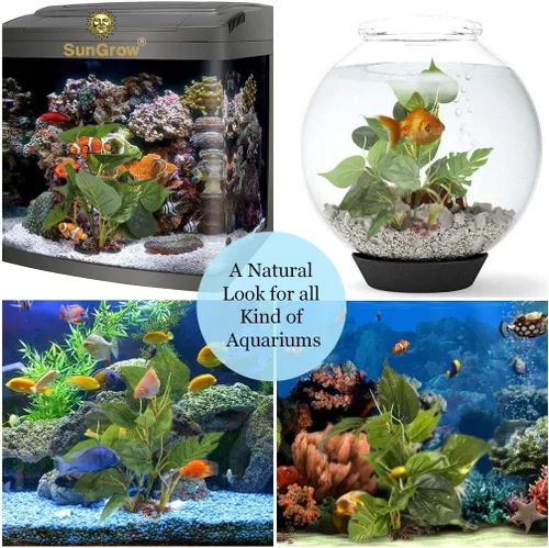 Miniatura 5 de SunGrow Planta de hojas de plástico, base de cerámica resistente, lugar para esconderse para peces, betta, pez ángel, peces dorados, rana, pitón