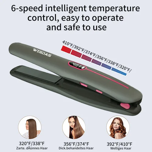 Miniatura 3 de Cepillo alisador de pelo inalámbrico, mini plancha plana recargable con control digital de temperatura (320-410°F), placas de titanio no dañadoras