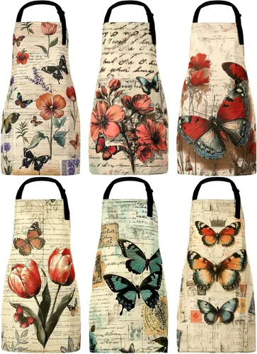 Miniatura 8 de Bencailor 6 delantales de cocina de verano con bolsillos, diseño de flores, gallo, abeja, mariposa, girasol, primavera, a granel para mujeres