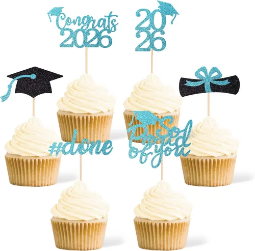 Miniatura 6 de 36 adornos para cupcakes de graduación de clase 2026, con purpurina azul de doble cara para suministros de fiesta de graduación, decoraciones