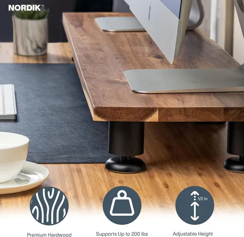 Miniatura 7 de Nordik - Elevador grande de doble monitor para 2 – 42.5 pulgadas de madera dura de acacia hecha a mano – Estante de madera organizador de escritorio