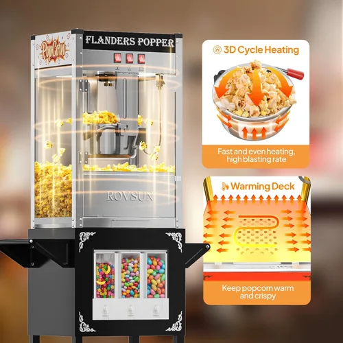 Miniatura 2 de ROVSUN Máquina de palomitas de maíz con carrito, ruedas y hervidor de 10 onzas que hace hasta 4 galones certificado ETL, máquina de palomitas
