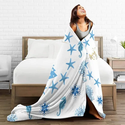 Miniatura 5 de Manta de Navidad de 50 x 40 pulgadas, diseño de caballito de mar, estrellas de mar, estrellas de mar, franela suave y cálida, regalo para adultos