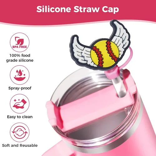 Miniatura 3 de 6 piezas de cubiertas de popote de béisbol para vasos Stanley – Lindas tapas reutilizables de silicona de 10 mm para vasos de 30 oz/40 oz con asa