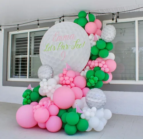 Miniatura 3 de Kit de arco de guirnalda de globos con agujero en uno, 153 piezas de palos de golf rosa y verde con estrellas y globos de aluminio para decoración
