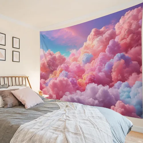 Miniatura 3 de LB Tapiz de nube rosa para colgar en la pared, cielo azul y fantasía, nube pastel, paisaje natural, tapiz de pared para dormitorio, arte de pared