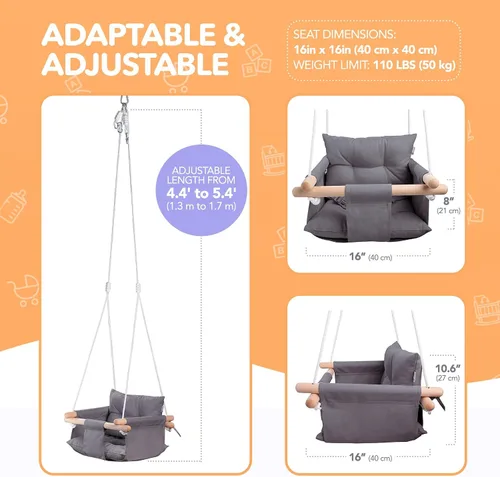 Miniatura 4 de CaTeam Asiento de columpio de lona para bebé con cinturón de seguridad de 5 puntos, columpio colgante de madera para niños pequeños, interior y Gris