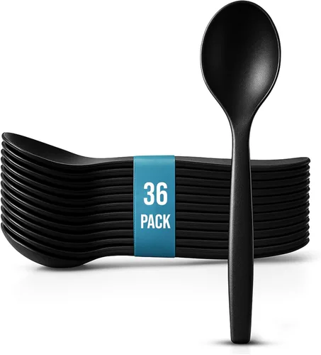 Miniatura 7 de Cucharas de plástico negro de 8.5 pulgadas para bufé, 36 unidades a granel, cuchara desechable resistente, utensilios de plástico grandes