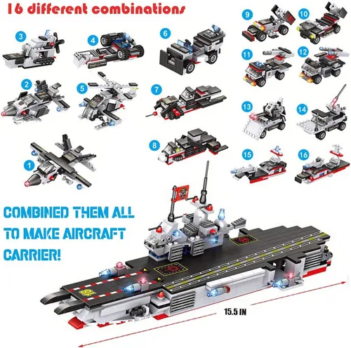 Miniatura 3 de Liberty Imports Juguete de Ladrillos de Construcción de Flota de Portaaviones Militares de 825 Piezas – Modelos de Acorazado Naval 8 en 1
