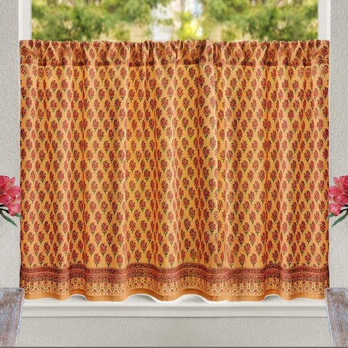 Miniatura 22 de Saffron Marigold Cortinas de Algodón de Media Cocina para Ventanas Pequeñas, Baño y Café Estampadas a Mano con Bloque Moonlit Taj - Diseño Bohemio
