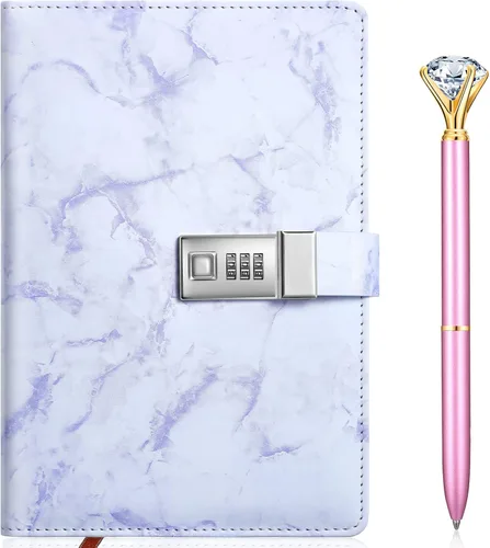 Miniatura 8 de Zonon Diario con candado para niñas, de piel sintética de mármol, A5, combinación con bolígrafo de diamante, regalos de regreso a clases, Azul