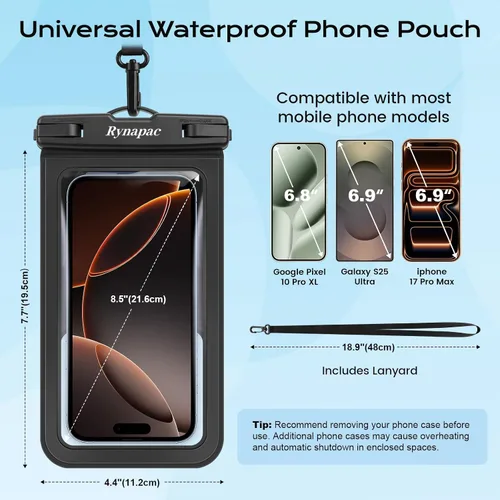 Miniatura 5 de Rynapac Funda impermeable para teléfono [hasta 8.5 pulgadas], paquete de 2, funda impermeable IPX8 con cordón para iPhone 17, 16, 15 Pro Max