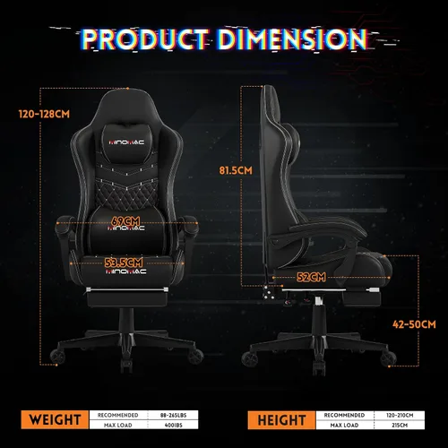 Miniatura 3 de Silla Gaming, Silla Gaming Ergonómica para Computadora, Capacidad de Carga de 400lb, Reposapiés Retráctil/Soporte Lumbar/Respaldo Ergonómico[Resorte