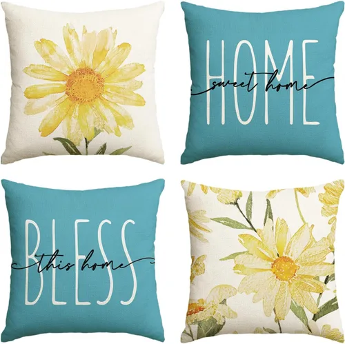 AVOIN colorlife Home Sweet Home - Juego de 4 fundas de almohada amarillas para primavera y verano, 16 x 16 pulgadas, funda de cojín azul para sofá