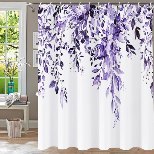 Cortina de ducha, cortinas de eucalipto púrpura para baño, cortinas de baño con hojas en acuarela lavables, impermeables, juego de cortinas de hojas
