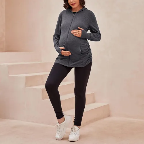 Miniatura 4 de DEBELLY Sudaderas de maternidad de manga larga con cremallera completa, casual, para embarazo, chaqueta con bolsillos, agujero para el pulgar