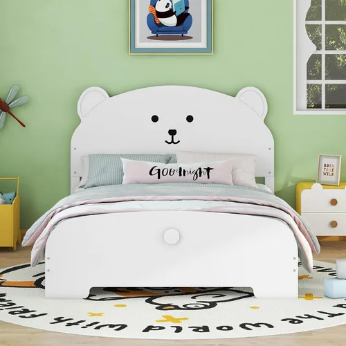 Miniatura 25 de Cama de plataforma de madera de tamaño individual con cabecero y estribo en forma de oso, sin ruido, para niños, adolescentes, niños y niñas,