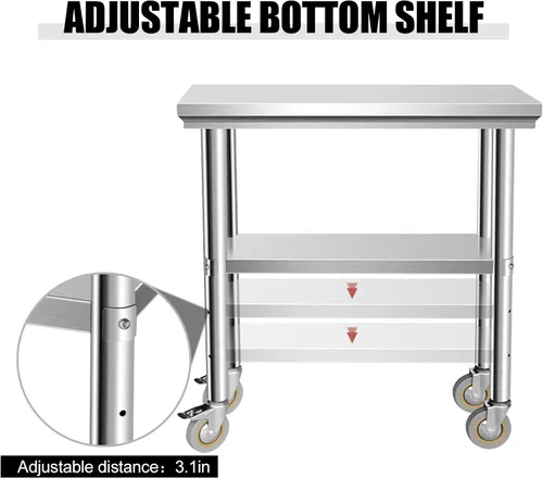 Miniatura 4 de Mesa de acero inoxidable para preparación de 30 x 12 pulgadas, mesa de trabajo resistente con 4 ruedas para cocina comercial, restaurante, hogar