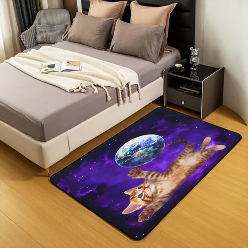 Miniatura 5 de Alfombra decorativa de gato de espacio exterior de 3 x 5 pies, diseño de plantas y gatitos, para niños, adolescentes, galaxia, cielo estrellado