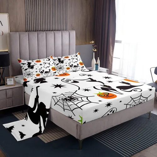 Miniatura 26 de Erosebridal Juego de sábanas de Halloween con diseño de fantasmas de dibujos animados, decoraciones de calabaza de Halloween, juego de sábanas