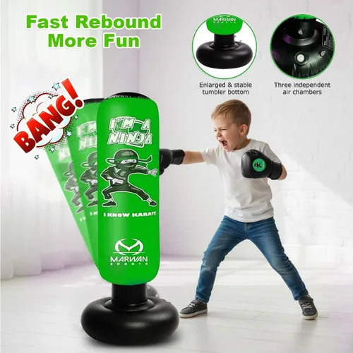Miniatura 6 de Marwan Sports Ninja Inflatable Punching Bag for Kids 4-12, Indoor Active Play for Sensory Seekers & High-Energy Kids, 63" 5-in-1: Gloves, Manual