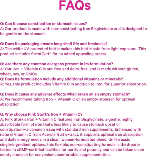 Miniatura 8 de Pink Stork Hierro para Mujeres – 18 mg de Bisglicinato de Hierro No Estreñente + Vitamina C para Absorción Óptima – Energía, Concentración