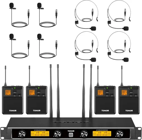 Miniatura 13 de TONOR Sistema de micrófono inalámbrico UHF con micrófono de auriculares/micrófono de solapa Lavalier, transmisor Bodypack, receptor recargable, 15