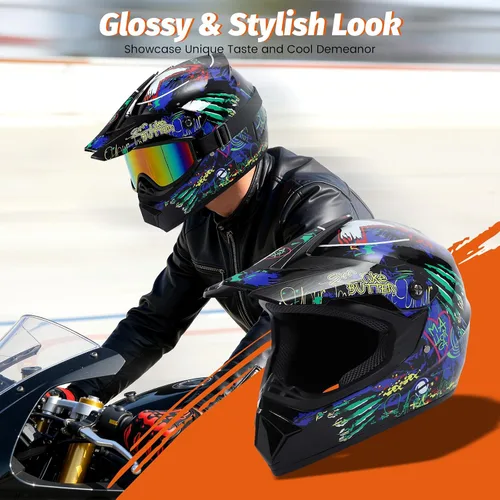 Miniatura 9 de Guantes para niños, lentes para motociclista y casco para manejar fuera de pista, para niños, para motocross, aprobados por el DOT, para carreras, M
