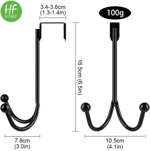 Miniatura 4 de HFHOME Paquete de 2 ganchos dobles para colgar sobre la puerta, organizador de ganchos dobles de metal para colgar abrigos, sombreros, batas, Negro