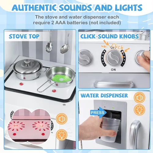 Miniatura 3 de Costzon Juego de cocina para niños, juego de cocina de chef de madera grande con sonidos y luces reales, microondas, pizarra, horno, máquina