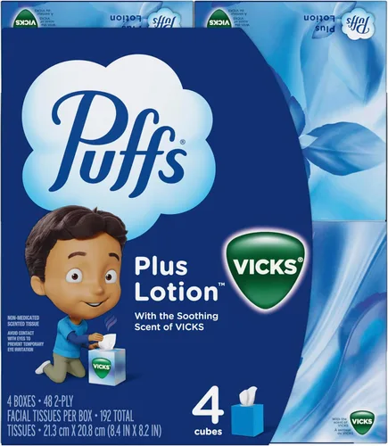 Miniatura 13 de Puffs Plus Loción con pañuelos faciales Vicks, 4 cajas, 48 pañuelos por caja (192 pañuelos)